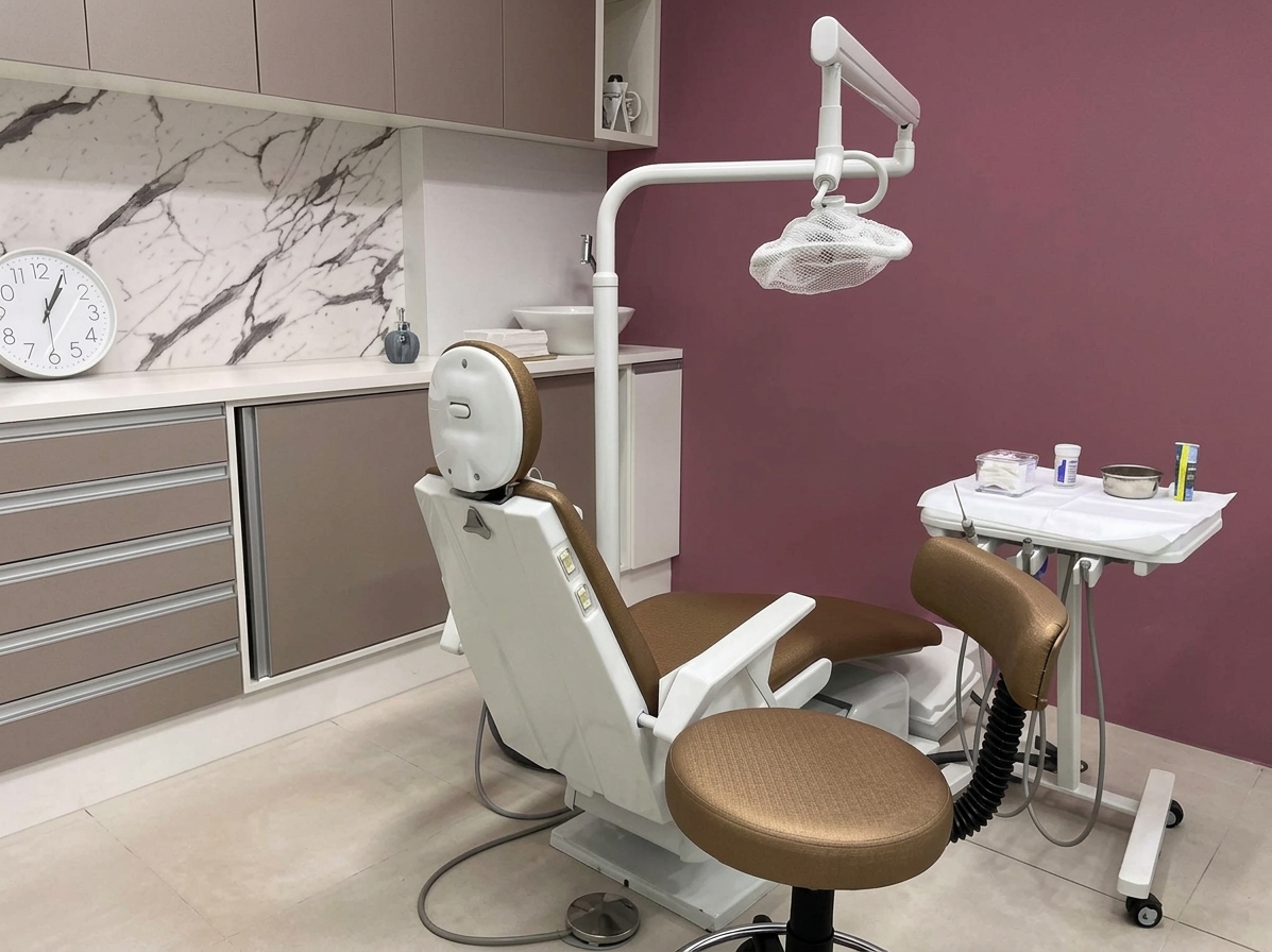 Consultório odontológico com cadeira bege e parede em tom vinho